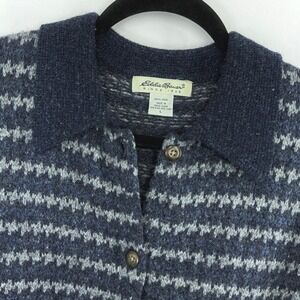 Vintage Eddie Bauer 100% Wool Cardigan Sweater Men's Large Blue Fair Isle Knit
